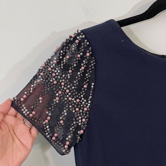 Xscape Women's Navy Short Sleeve Pearl Embellished Sheath Dress Size 4 - Picture 4 of 8